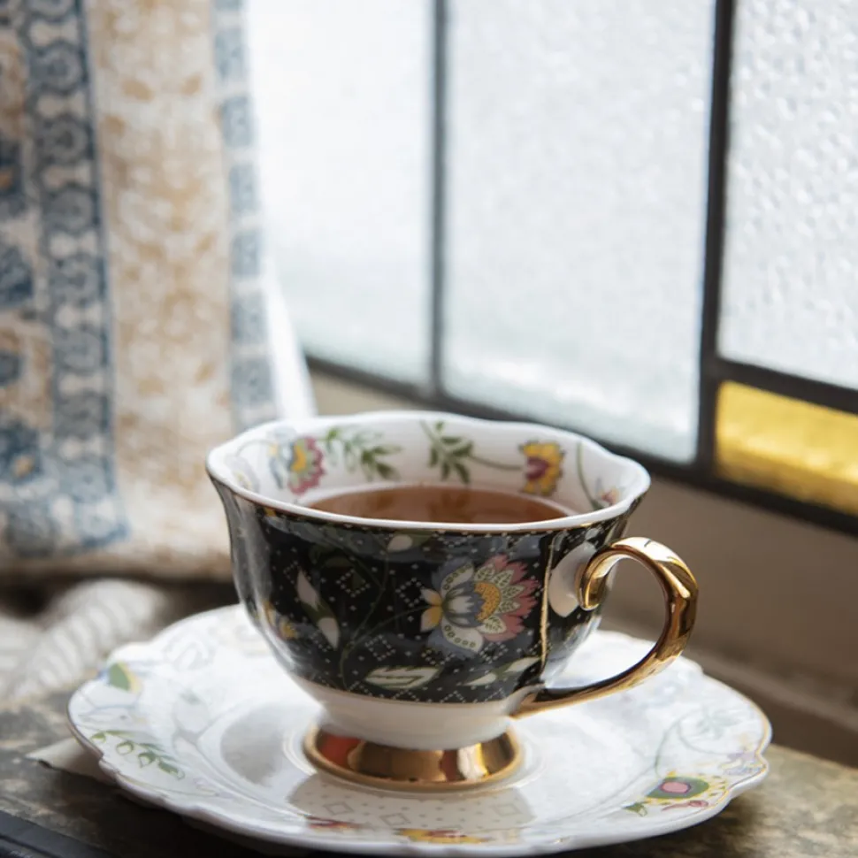 Filiżanka porcelowa kwiaty na czarno-złotym tle 200 ml komplet 2 szt.