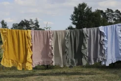 Obrus lniany z falbanką mgiełką stalowy